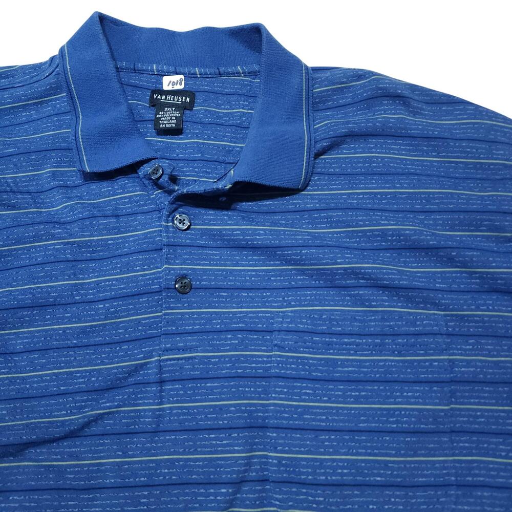 Van Heusen Polo Shirt Mens 2XLT Blue Striped Short Sleeve Cotton Blend